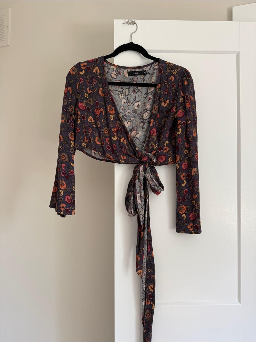 Nunui Floral Tie-Front Crop Top — Purple with Pink & Orange Floral Print